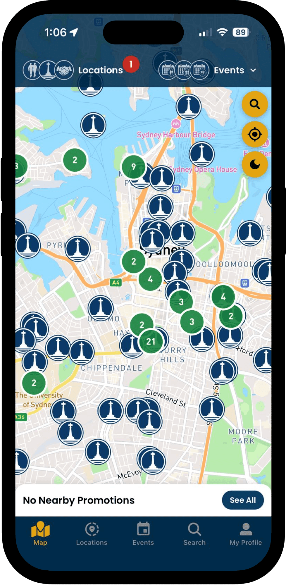 App home screen showing nearby RSL locations and upcoming events