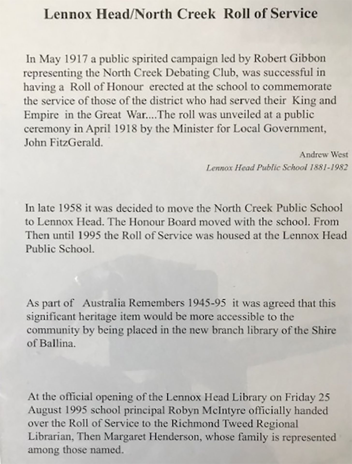North Creek (Lennox Head) Public School First World War Roll of Service photo 1